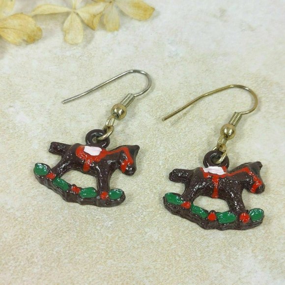 Vintage Rocking Horse Earrings Jewelry Black Steed Toy Red Saddle Dangle Earring - Picture 1 of 8